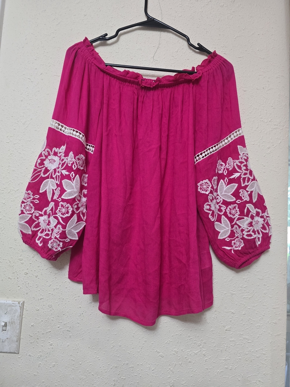 INC International Concepts Fuchsia Off-Shoulder Embroidered Tunic